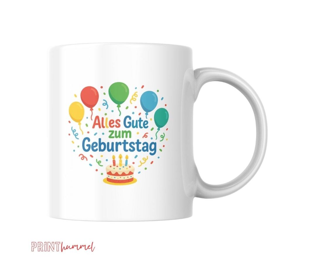 Geburtstagstasse mit bunten Ballons & Kuchen